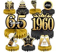 65th Birthday Decorations Set, 1960 Table Toppers for Women Men Birthday Party Supplies, Happy 65 Year Old Table Decoration for Mother and Dad, 9Pcs Black & Gold Honeycomb Centerpieces