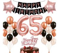 65th Birthday Decorations Set Rose Gold Black Theme Happy Birthday Banner Balloon Decor Photo Backdrop for Women Men Adults Turning 65 Age 65 Milestone Age Party Supplies Celebration Decor Bunting Set