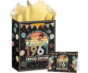 65th Birthday Gift Bag with Greeting Card and Tissue Paper, 1961 Rainbow Birthday Presents for Dad, Grandad, Husband, or Friend, Perfect for Any 65th Celebration