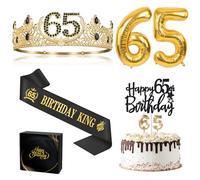 65th Birthday Gifts for Men, 65th Birthday Decorations for Men, Party Decor Supplies Including King Crown & Sash & Balloons & Cake Topper & Candles
