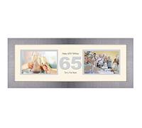 65th Birthday Photo Frame Sixty Fifth Gift Takes Two 6”x4” Landscape Photos 1227A (Brushed Silver Finish Frame Cream Mount Grey Inside)