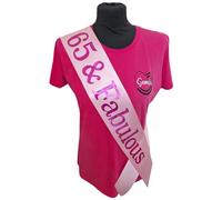 65th Birthday Sash - 65 & Fabulous Birthday Sash - Beautiful Quality Light Pink Ribbon and Holographic Pink Font - 65th Birthday Sash