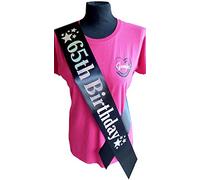 65th Birthday Sash - (65 Star Birthday Sash - Beautiful Quality Black Ribbon and Holographic Silver Font - 65th Birthday Sash