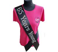 65th Birthday Sash - (65 Years Young Birthday Sash - Beautiful Quality Black Ribbon and Holographic Silver Font - 65th Birthday Sash