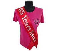 65th Birthday Sash - 65 Years Young Birthday Sash - Beautiful Quality Red Ribbon and Holographic Silver Font 65th Birthday Sash