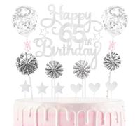 65th Cake Decorations Happy Birthday Cake Picks Heart Star Paper-fans Balloon Decor Cupcake Topper for 65th Decorations Party Supplies, Silver