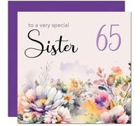65th Sister Birthday Card - Purple Floral Sister's Birthday Card for 65 Year old Sixty Five, Sixty Fifth