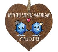 65th Wedding Anniversary Plaque Gift for Husband Wife - 65 Years Together - Happy Blue Sapphire Anniversary Wooden Heart for Women Men Partner, Dark Wood Sign Keepsake Gifts