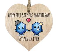 65th Wedding Anniversary Plaque Gift for Husband Wife - 65 Years Together - Happy Blue Sapphire Anniversary Wooden Heart for Women Men Partner, Light Wood Sign Keepsake Gifts