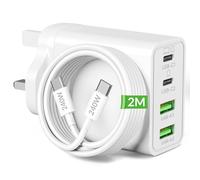 65W 4-Port USB C Charger for MacBook Pro 16 15 14 13 inch, MacBook Air/Neo 13 inch, iPad, iPhone 17/16/15, Samsung S25 S26, GaN PD/PPS Super Fast Charging Plug UK Laptop Charger + 240W 2M Type C Cable