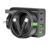 65W 4-Port USB C Charger, GaN PD/PPS Super Fast Charging Multi Wall Plug UK Laptop Charger + 2M Type C Cable for MacBook Pro/Air, iPad, iPhone 17/16, Samsung S25 S24 S26, Chromebook Thinkpad Dell HP