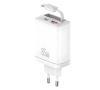 65W GaN Charger with 2 USB PD and PPS Ports and a Retractable Fast USB-C Cable