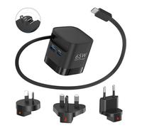 65W Retractable Travel USB C Charger, 3-Ports Foldable Travel Adapter Plug Converter with UK/EU/AU Plugs, Fast Charging for Laptop, for Macbook Pro/Air, for iPhone 17/16/15 series, iPad Pro/Air, Black