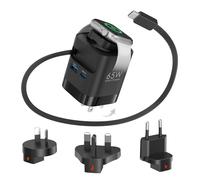 65W Retractable Travel USB C Charger for apple watch, Foldable Travel Adapter Plug Converter with UK/EU/AU Plugs, Fast charging for iwatch S11/10/9/8/7, for Macbook series and iPhone 17/16/15, Black