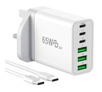 65W USB C Charger Plug, 6 Port USB C Multi Charger, UK Charging Power Adapter 3.0 Wall Mains Plug for iPhone 16 15 Pro Max/Galaxy/iPad/Tablet, 1x2m C to C Cable