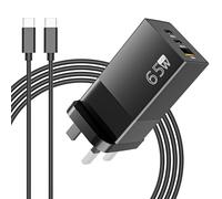 65W USB C Plug Foldable Fast GaN Charger with 3-Port for MacBook Pro/Air, Dell XPS, iPhone 15/14/13 Series, Galaxy S20/S10 S23 Ultra, Note 20/10+, and More(USB-C to C Cable Included)