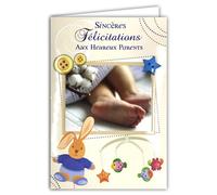 66-1030-B Sincere Congratulations to Happy Parents Birth or Adoption Boy Welcome to Baby Card + Envelope 12 x 17.5 cm Blue Star Shaped Button Collage Soft Toy Rabbit Fish