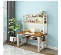 66" Computer Desk with Power Outlets & USB Heavy Duty 1" Thick Workstation with Hutch Tall Office Writing Table with Storage Shelf Walnut Finish & White Metal Frame