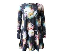 66 Fashion District Womens Plain Long Sleeve Swing Dress Ladies Printed Flared Skater Tunic Plus Size Dress 8-24 S M L XL XXL XXXL (12-14, Fairy Floral Black)