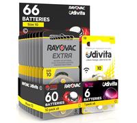 66 Hearing Aid Batteries Size 10 (Yellow) PR70 Zinc-Air with Phono Pulse Technology - 66 Batteries: 60 Rayovac + 6 Udivita
