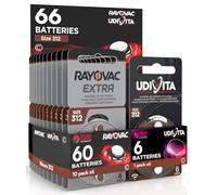 66 Hearing Aid Batteries Size 312 (Brown) PR41 Zinc-Air with Phono Pulse Technology - 66 Batteries: 60 Rayovac + 6 Udivita