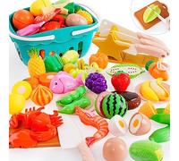 66 PCS Cutting Play Food Toy for Kids Kitchen Pretend Fruit &Vegetables Accessories with Shopping Storage Basket, Plastic Mini Dishes and Knife, Educational Toy for Toddlers Boys Girls Ages 3+