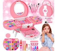 66 Pcs Kids Makeup Sets For Girls with Portable Stand,Make Up Starter Kit Children Princess Pretend Play Games Toys Presents,Little Girl Birthday