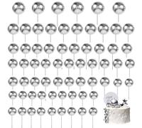 66 Pcs Silver Balls for Cake Decorating, Ball Cake Topper Decorations, Sticks, Cupcake Topper for Birthday Party, Baby Shower, Wedding Cake Decoration