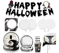 66 Piece Halloween Party Tableware Set with Happy Halloween Banner Paper Plates Napkins Straw Cups Tablecloth Balloon Party Decoration for Theme Party Decoration Items