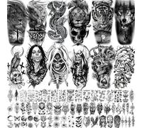 66 Sheets Black Dragon Eagle Halloween Temporary Tattoos For Men Women Thigh, Vampire Tiger Lion Scary Devil Skull Fake Tattoos For Adults, 3D Wolf Large Half Arm Sleeve Realistic Tattoo Forearm Demon