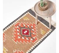 HOMESCAPES Jaipur Handwoven Brown and Orange Kilim Wool Rug - 66 x 200 cm