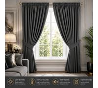 (66" x 54" (168cm x 137cm), Dark Grey Pencil Pleat) 100% Blackout Curtains Plain Pencil Pleat & Ringtop Curtain Pair with Tiebacks