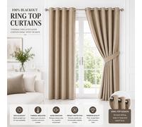 (66" x 72" - (168cm x 183cm), Beige-Ring Top) 100% Blackout Curtains Plain Pencil Pleat Eyelet Ring Top Curtain Pair