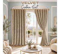 (66" x 72"_(168cm x 183cm), Beige) Velvet Curtains Ring Top Eyelet Curtain Pair with Tiebacks