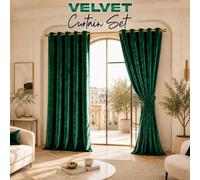(66" x 72"_(168cm x 183cm), Green) Velvet Curtains Ring Top Eyelet Curtain Pair with Tiebacks