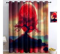 66 x 72 Inch Luxury Blackout Curtains Orange Color, Japanese Cherry Blossom Tree Red Sun Heavyweight Thermal Insulated Curtains, Energy-Saving UV-Blocking Elegant Drapes for Living Room Guest Room