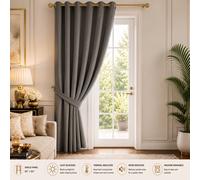 (66" x 84" (168cm x 213cm)-Door Curtain, Dark Grey Ring Top) 100% Blackout Curtains Plain Pencil Pleat & Ringtop Curtain Pair with Tiebacks