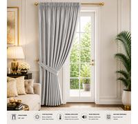 (66" x 84" (168cm x 213cm)-Door Curtain, Light Grey Silver Pencil Pleat) 100% Blackout Curtains Plain Pencil Pleat & Ringtop Curtain Pair with Tiebacks