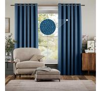 (66" x 90" (168 cm x 229 cm), Blue) 100% Blackout Linen Curtains Thermal Ring Top Ready Made Pair UK