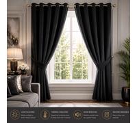 (66" x 90" (168cm x 228cm), Black Ring Top) 100% Blackout Curtains Plain Pencil Pleat & Ringtop Curtain Pair with Tiebacks