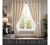 (66" x 90" (168cm x 228cm), Cream Ring Top) 100% Blackout Curtains Plain Pencil Pleat & Ringtop Curtain Pair with Tiebacks