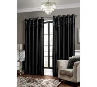 66" x 90" (168x228cm) Luxury Black FIne Sequin Top Border Faux Silk Eyelet Ring Top Read Made Pair Curtains Lined Including Tiebacks By SW Living