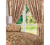 66" x 90" Anastasia Gold, Fully Lined Curtains with Tie-Backs, by Courtaulds Fabrics, Jacquard Floral Print Embellished Golden Mink Tan Terracotta Rust Red Pencil Pleat Header Tape Top