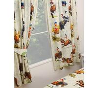 66"x54" Antics Curtains Tie Backs Set, Thelwell Cartoon Horses Pony Rider Ribbon Medal Trophy, Cream Beige Brown