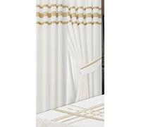 66"x72" Glamour White with Gold Trim/Ribbon, Luxurious 200 Thread Count 100% Egyptian Cotton Lined Curtain Pair with Matching Tie-Backs
