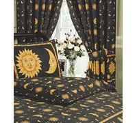 66"x72" Sun and Moon Black, Superior Quality 68 Pick Curtains + Matching Tie-Backs, by HICO, Sun Crescent Moon Stars Space, Black Speckle Yellow Gold