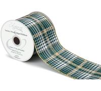 663688 Eleganza Wired Edge Luxury Tartan Green Gold Metallic No.474 63mm x 9.1m