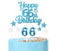 66th Birthday Candles & Cake Toppers Set - Blue Number Candles, Silver Cake Decorations, Happy Birthday Toppers for Girls, Boys, Women & Men's Birthday Parties