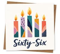 66th Birthday Card, Five Patterned Candles, Sixty-Six | Five bright patterned candles with flame tops above bold hand-lettered “Sixty-Six” wording for a cheerful 66th birthday.