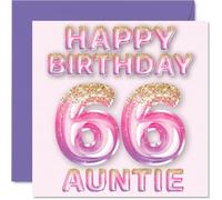 66th Birthday Card for Auntie - Pink & Purple Glitter Balloons - Happy Birthday Cards for 66 Year Old Aunt Aunty from Nephew Niece, 145mm Bday Greeting Cards Gift